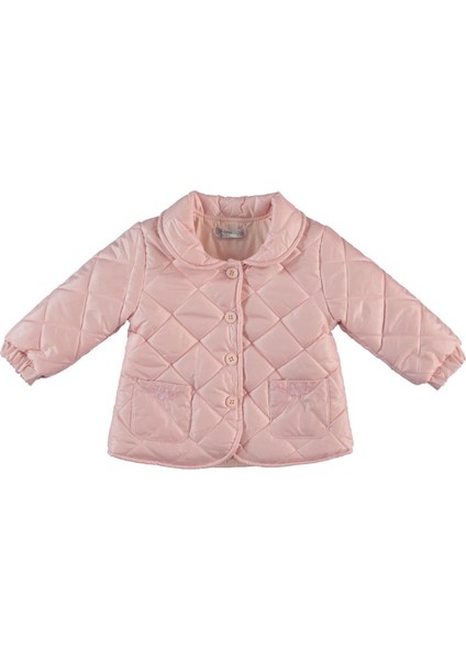 Kız Bebek Kapitoneli Bebe Yaka Cebi Çiçek Işlemeli Pembe Mevsimlik Mont