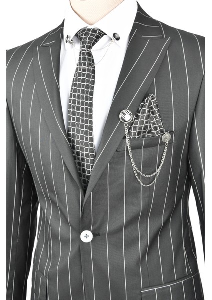 Slim Fit Çizgili Tek Düğme Tek Yırtmaç 2 Li Takım Elbise 2300101