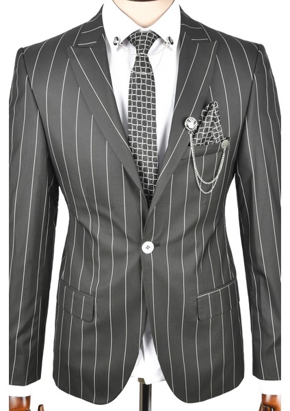 Slim Fit Çizgili Tek Düğme Tek Yırtmaç 2 Li Takım Elbise 2300101