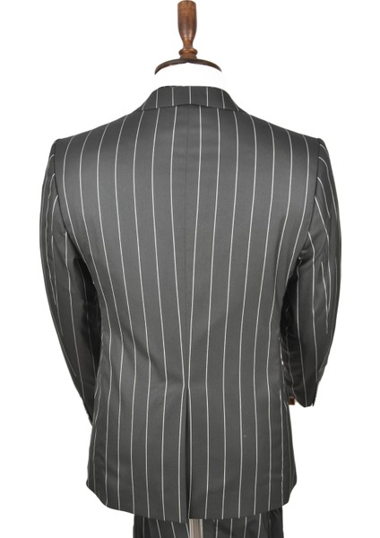 Slim Fit Çizgili Tek Düğme Tek Yırtmaç 2 Li Takım Elbise 2300101