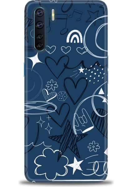 Oppo A91 / Reno 3 Kılıf Hd Baskılı - Notalar ve Kalpler Mavi