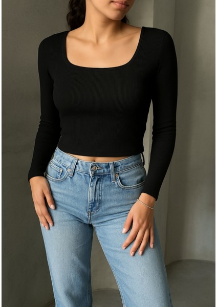 Kadın Kare Yaka Fitilli Kaskorse Örme Body Bluz