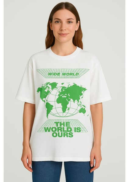 Kadın Oversize Baskılı Bol Geniş Kalıp Salaş Kesim T-Shirt