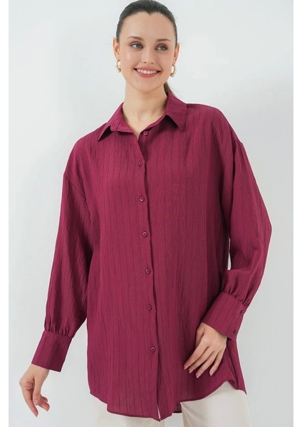 Çizgili Uzun Gömlek Tunik 5963 - Bordo