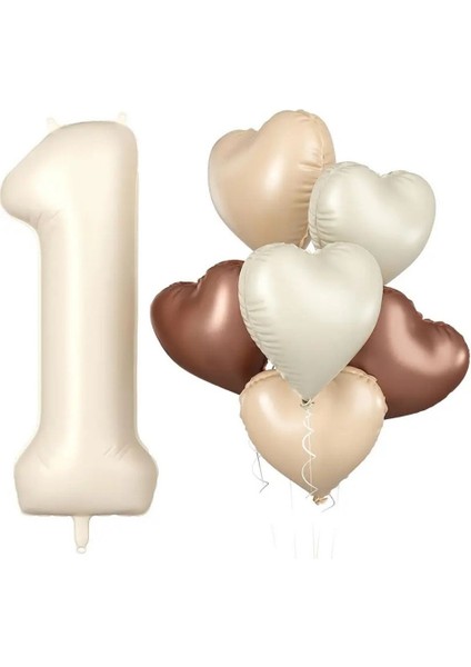 Retro Krem 1 Yaş Kalpli Folyo Balon Set