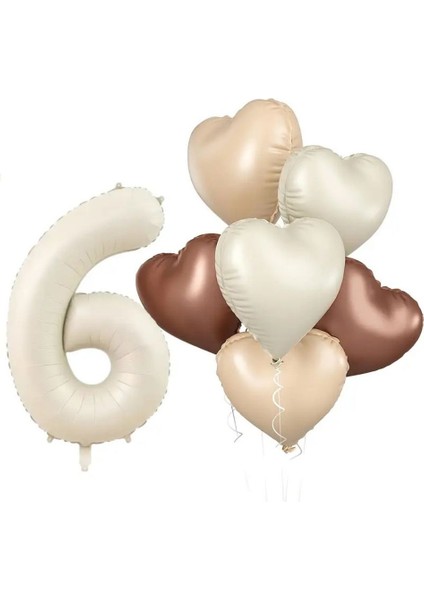 Retro Krem 6 Yaş Kalpli Folyo Balon Set
