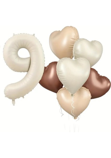 Retro Krem 9 Yaş Kalpli Folyo Balon Set