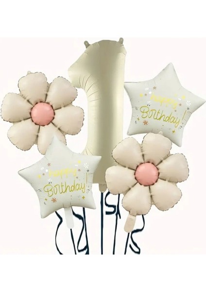 Krem Papatya 1 Yaş Happy Birthday Yıldız Rakam Folyo Balon Set