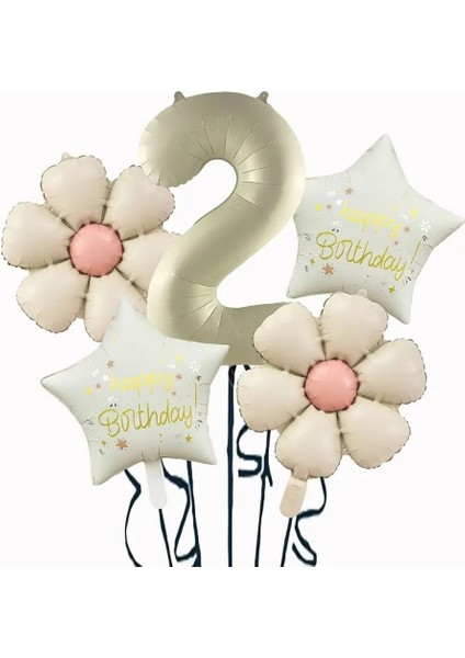 Krem Papatya 2 Yaş Happy Birthday Yıldız Rakam Folyo Balon Set