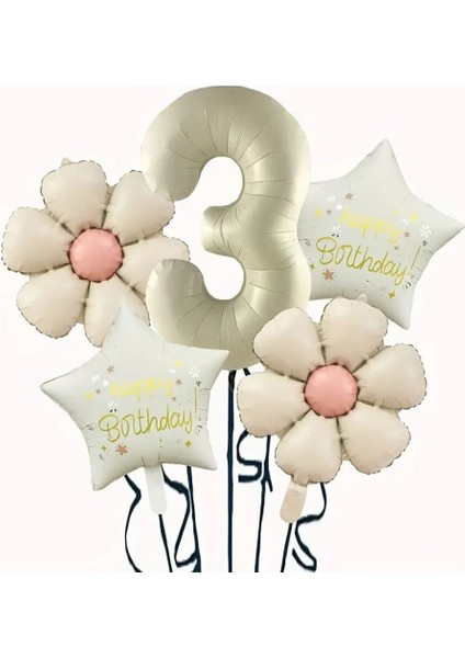 Krem Papatya 3 Yaş Happy Birthday Yıldız Rakam Folyo Balon Set