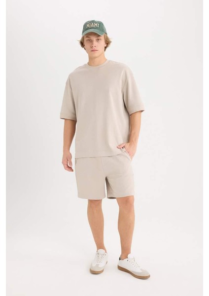 Loose Fit Bisiklet Yaka Kısa Kollu Ağır Kumaş Basic Düz Tişört Kum