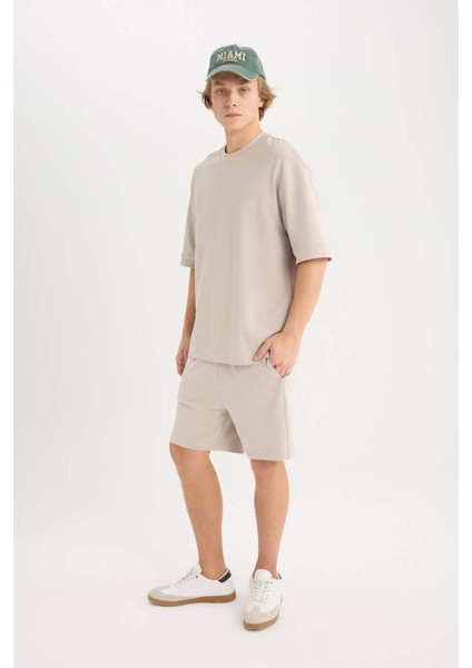 Loose Fit Bisiklet Yaka Kısa Kollu Ağır Kumaş Basic Düz Tişört Kum fiyatları