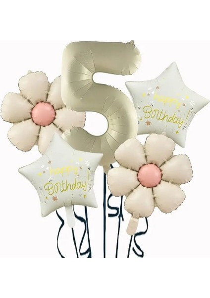 Krem Papatya 5 Yaş Happy Birthday Yıldız Rakam Folyo Balon Set