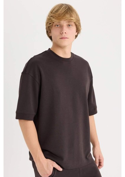 Loose Fit Bisiklet Yaka Kısa Kollu Ağır Kumaş Basic Düz Tişört Brown