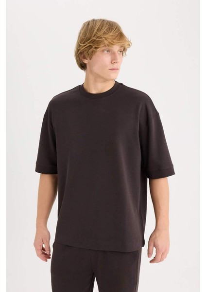 Loose Fit Bisiklet Yaka Kısa Kollu Ağır Kumaş Basic Düz Tişört Brown modelleri