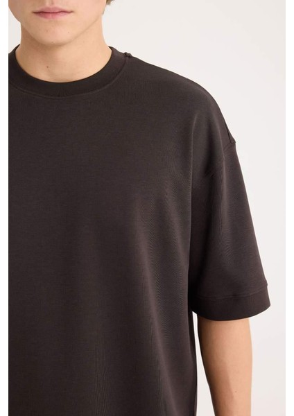 Loose Fit Bisiklet Yaka Kısa Kollu Ağır Kumaş Basic Düz Tişört Brown fırsatları