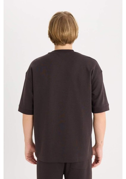 Loose Fit Bisiklet Yaka Kısa Kollu Ağır Kumaş Basic Düz Tişört Brown indirimleri