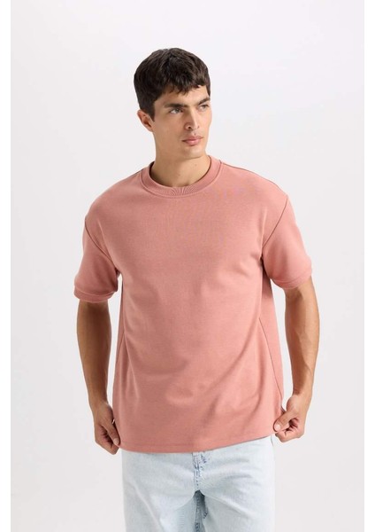 Oversize Geniş Kalıp Bisiklet Yaka Basic Düz Kısa Kollu Ağır Kumaş Tişört Lt.grey