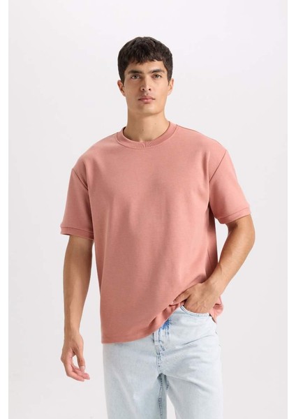 Oversize Geniş Kalıp Bisiklet Yaka Basic Düz Kısa Kollu Ağır Kumaş Tişört Lt.grey fırsatları