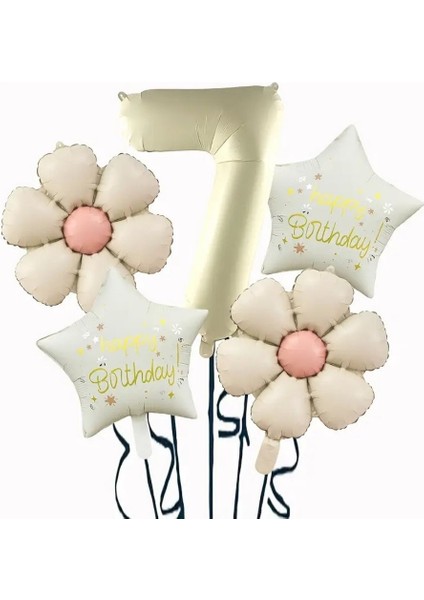 Krem Papatya 7 Yaş Happy Birthday Yıldız Rakam Folyo Balon Set