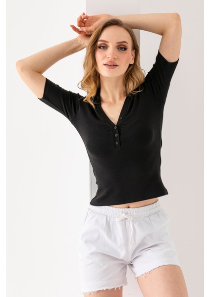 Kadın Polo Yaka Kısa Kollu Düğmeli Body Siyah - MS0000561