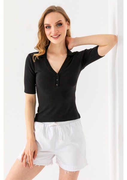 Kadın Polo Yaka Kısa Kollu Düğmeli Body Siyah - MS0000561