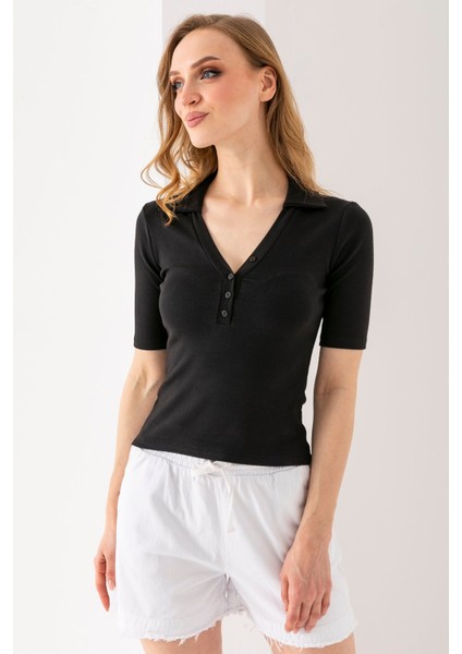 Kadın Polo Yaka Kısa Kollu Düğmeli Body Siyah - MS0000561