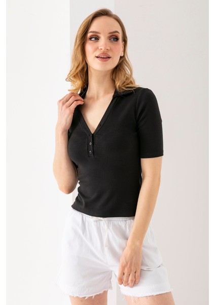 Kadın Polo Yaka Kısa Kollu Düğmeli Body Siyah - MS0000561