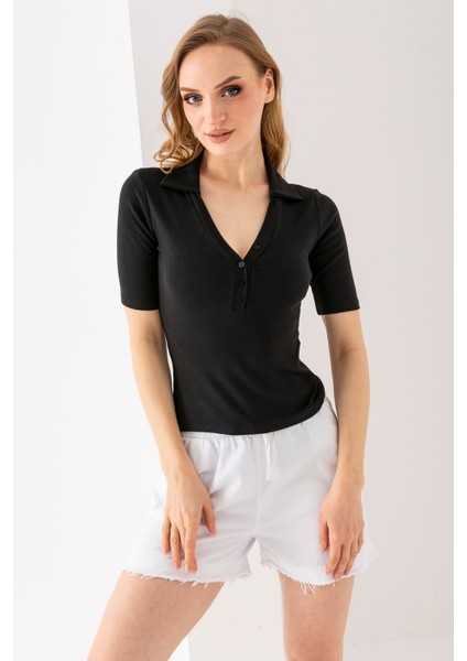 Kadın Polo Yaka Kısa Kollu Düğmeli Body Siyah - MS0000561