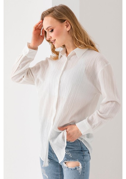Kadın Uzun Kol Regular Fit Dokulu Gömlek Beyaz - 25Y 10040