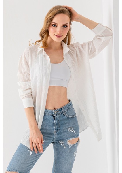 Kadın Uzun Kol Regular Fit Dokulu Gömlek Beyaz - 25Y 10040 fırsatları