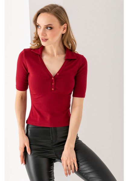 Kadın Polo Yaka Kısa Kollu Düğmeli Body Bordo - MS0000561