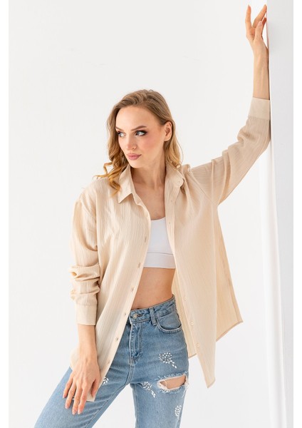 Kadın Uzun Kol Regular Fit Dokulu Gömlek Beyaz - 25Y 10040