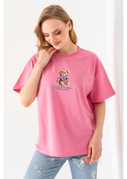 Kadın Bisiklet Yaka Ayıcık Baskılı T-Shirt Pembe - 25764