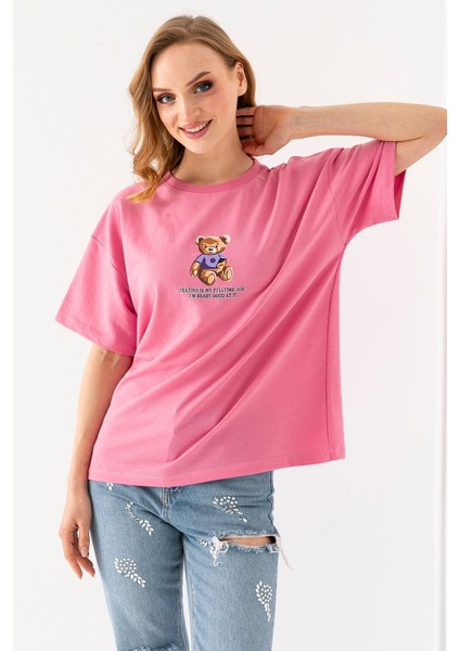 Kadın Bisiklet Yaka Ayıcık Baskılı T-Shirt Pembe - 25764