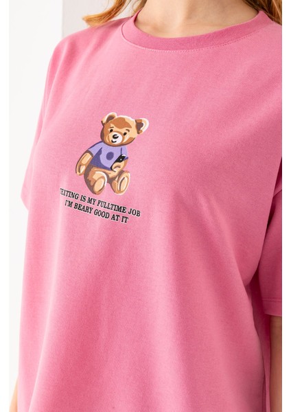 Kadın Bisiklet Yaka Ayıcık Baskılı T-Shirt Pembe - 25764