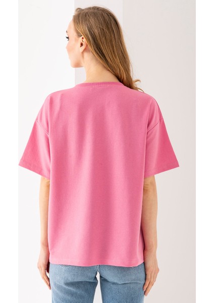 Kadın Bisiklet Yaka Ayıcık Baskılı T-Shirt Pembe - 25764