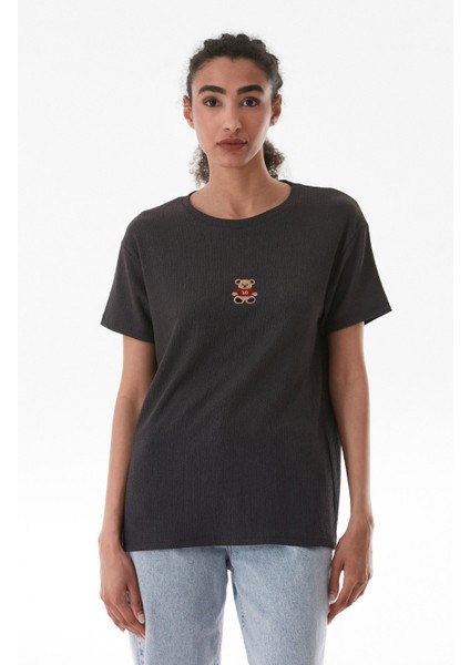 Ayıcık Nakışlı Bürümcük Kumaş Oversize Tişört