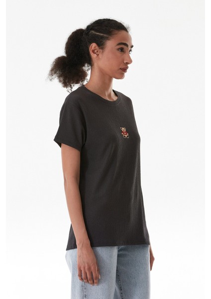 Ayıcık Nakışlı Bürümcük Kumaş Oversize Tişört indirimleri