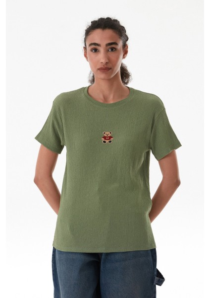 Ayıcık Nakışlı Bürümcük Kumaş Oversize Tişört