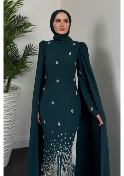 Farah Kolları Pelerinli Abiye Zümrüt modelleri