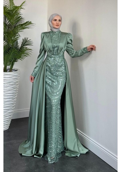 Gabriella Pelerinli Saten Abiye Mint