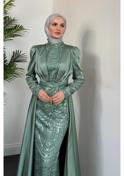 Gabriella Pelerinli Saten Abiye Mint