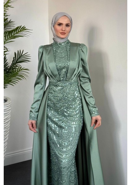 Gabriella Pelerinli Saten Abiye Mint