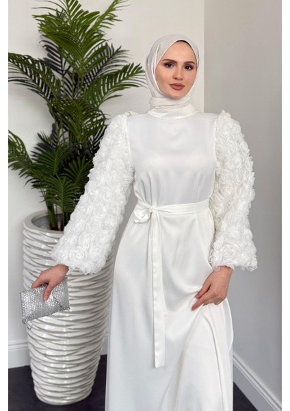 Neva Kolları Güllü Boynu Boncuklu Elbise Beyaz