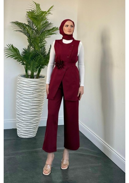 Logi Yandan Düğmeli Yelek Takım Bordo