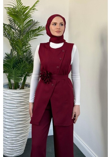 Logi Yandan Düğmeli Yelek Takım Bordo modelleri