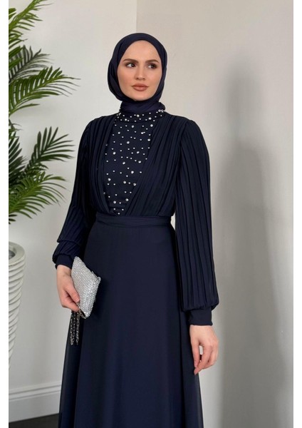 Barniy Önü Taşlı Abiye Lacivert