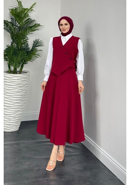 Albrey Düğmeli Cepken Etek Takım Bordo