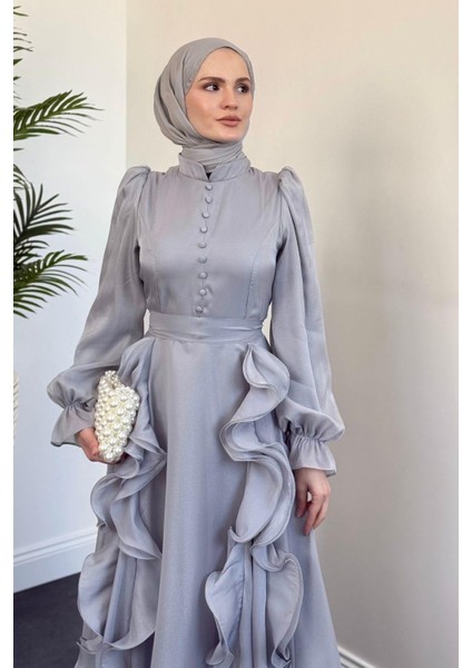 Samira Fırfırlı Janjan Abiye Gri